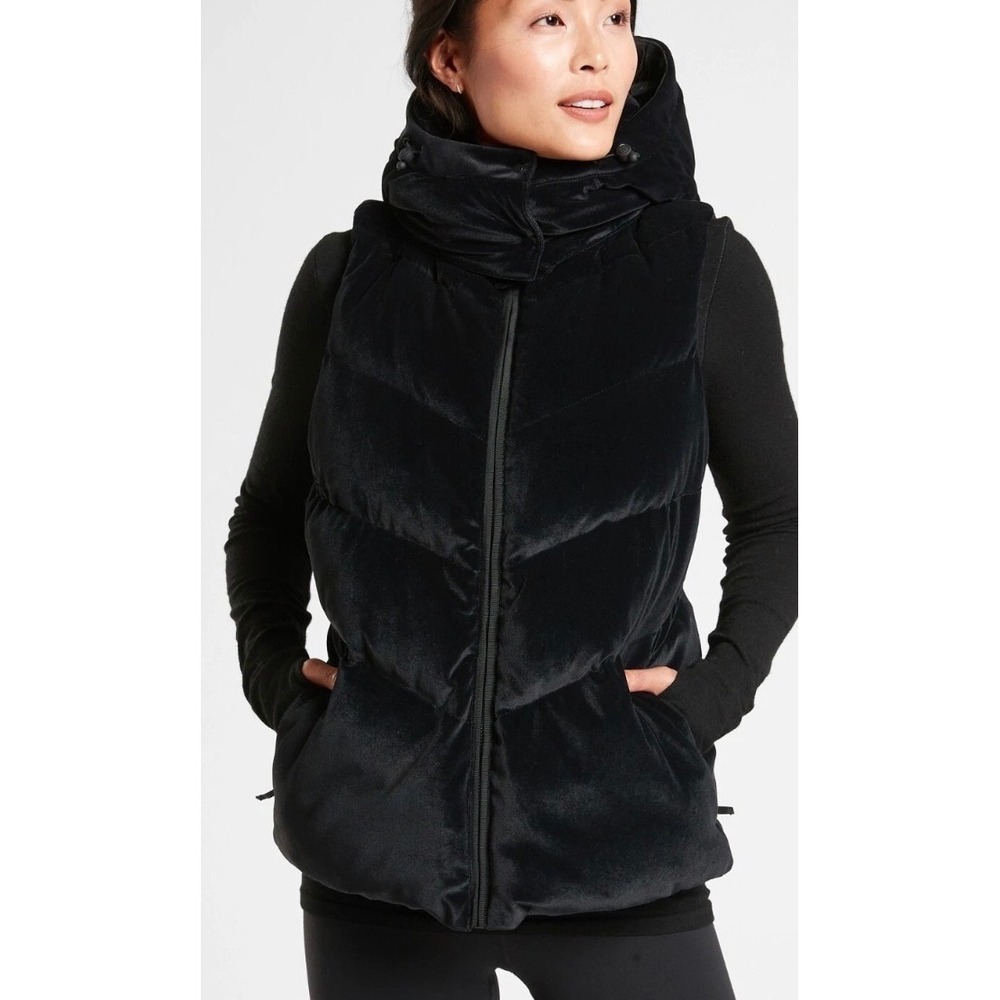 Athleta Lofty Black Velvet Puffer Vest Removable Hood Goose Down Small